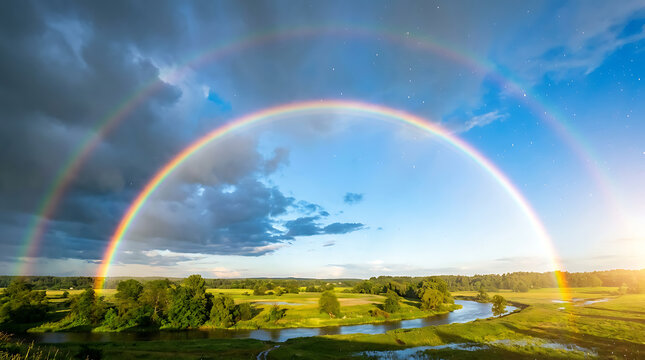 A beautiful double rainbow over a serene landscape with a river