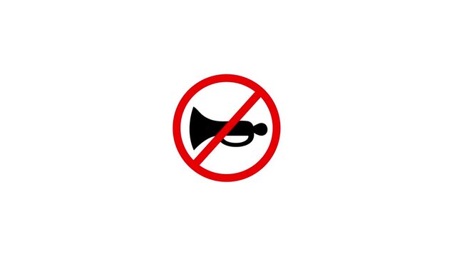 Animated No Honking Symbol, Trumpet with Red Prohibition Circle. No Horn Sign Animation, Horn Prohibited Warning Icon.