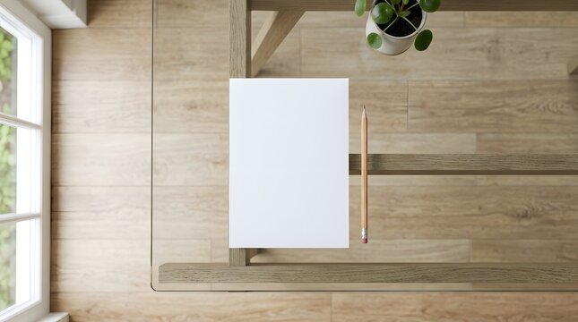 Blank White Paper Pencil on Modern Wood Desk