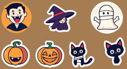 Fototapeta premium Cute Halloween sticker set with cartoon monsters, 7 vector icons featuring vampire, witch, mummy, pumpkins, and black cats for festive decor