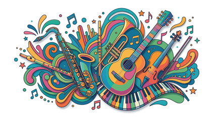 Colorful Musical Instruments and Abstract Shapes, Music Concept © role