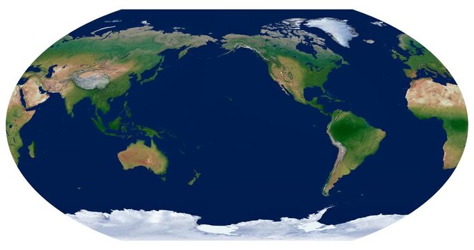 World Map. Wagner VI projection with rounded poles. Video animation of longitude rotation. High detail physical map of Earth.