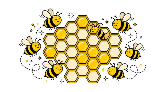 Cute cartoon bees buzzing around a honeycomb on white background