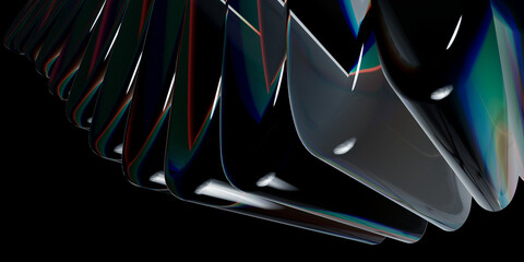 Abstract 3d render of a repeating metallic structure with iridescent highlights and curved surfaces against a dark background © Abir Creative Studio