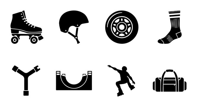 Roller Skate Icons, Sports Equipment Vector Set, Action Silhouette, Protective Gear Graphics