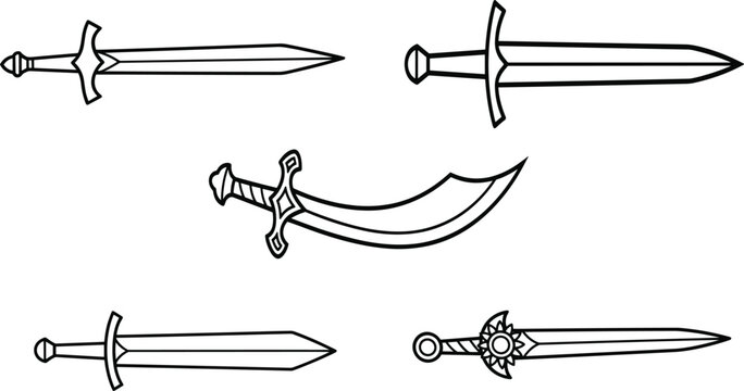 Medieval sword vector set featuring outline scimitar and broadsword weapons for gaming design elements and tattoos