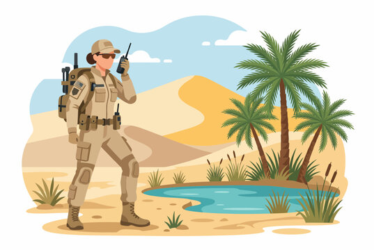 Rescue team member using radio communication in desert landscape