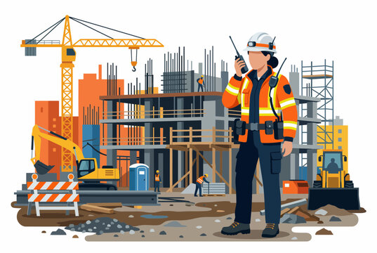 Female Emergency Response Worker Using Walkie Talkie at Construction Site