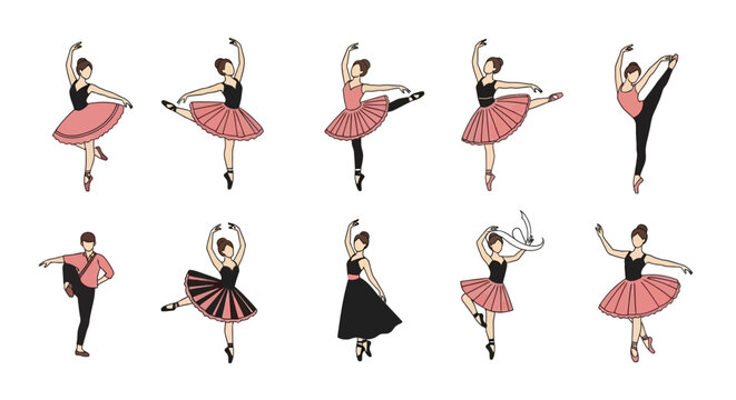 Ballet dancers in various poses, flat design, pink and black
