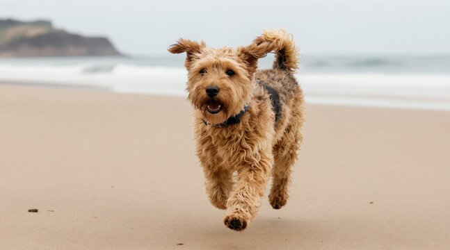 Brown airedale terrier dog runs on sandy beach near ocean waves. Happy pet enjoys outdoor freedom, wind blows its fluffy fur. Pure joy and motion.
