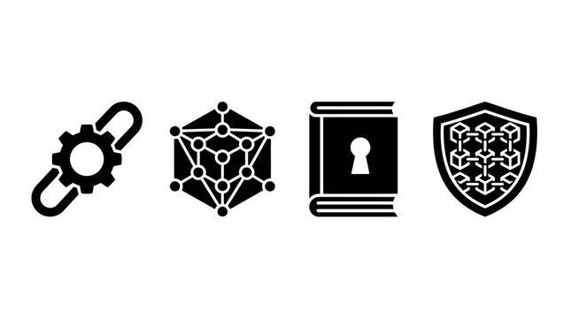 Distributed network and blockchain security icons set for digital ledger infrastructure.