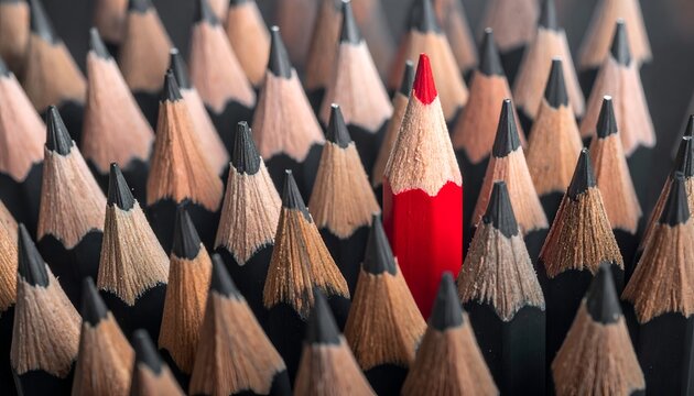 One red pencil stands out among many brown pencils. Its sharp tip draws attention with bold contrast
