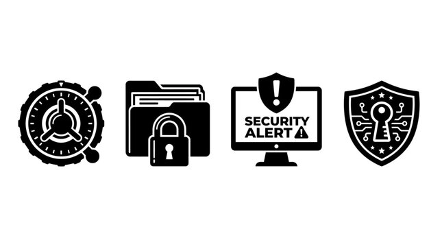 Cyber security and data protection icons set with vault folder alert and shield symbols.