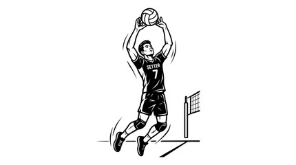 Man jumping to hit volleyball with hand. © Alizay sports