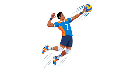 Man in blue and orange volleyball uniform jumping to hit ball. © Alizay sports