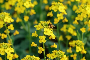 Obraz premium Bee on bright yellow rapeseed flower field. Insect collects nectar from blooming plant in summer. Agriculture grows healthy organic food. Nature shows life cycle.