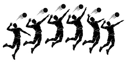 Silhouette of six volleyball players jumping to hit a ball in mid-air. © Alizay sports