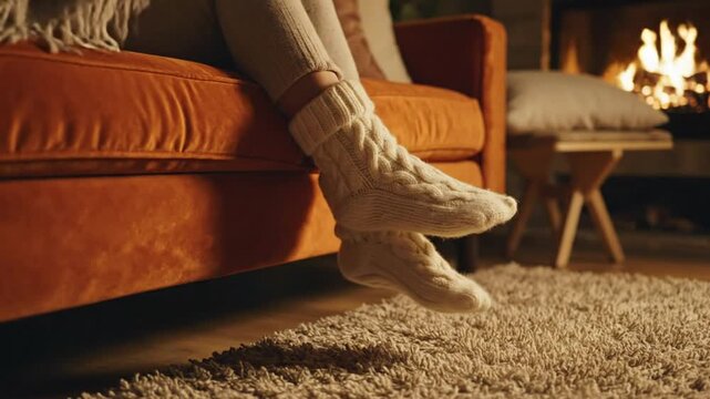 Cozy scene of relaxation with person wearing cable knit socks by a warm fireplace on an orange couch