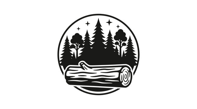 forest scene with log silhouette trees nature landscape circle black white background