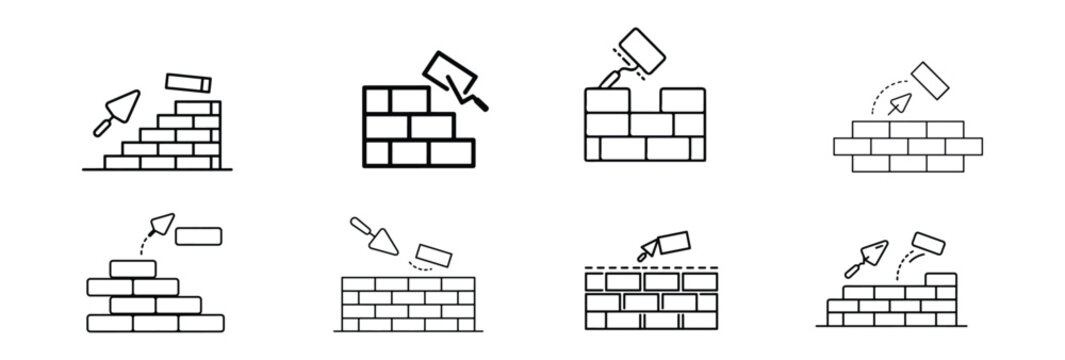 Brick wall line icon set with trowel and mortar, construction building process vector illustration, bricklayer builder work masonry symbol collection