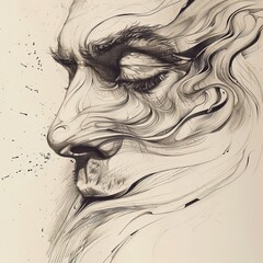 Fototapeta premium Close-up profile of a face with swirling, abstract lines forming hair and smoke, in pencil on textured paper