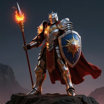 Knight in shiny armor holds flaming spear and shield. Warrior stands on rocky terrain at dusk. Fantasy hero ready for battle with magical fire weapon.
