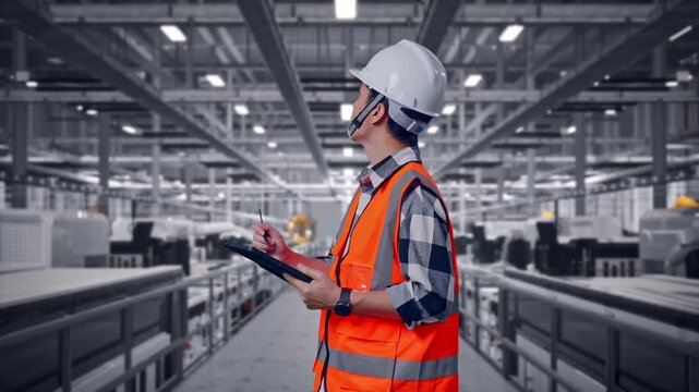 Side View Of Asian Male Engineer With Safety Helmet Taking Note On The Tablet And Looking Around While Standing at Solar Panel Manufacturing Factory with Automated Robotic Assembly Line