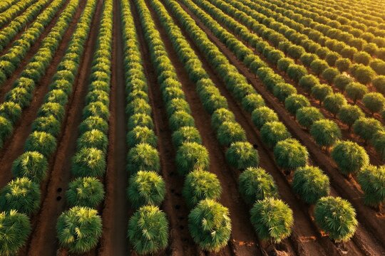 Rows of green cassava plants grow in brown soil fields. Aerial drone shot captures orderly lines of manioc crop under warm sunlight. Agriculture cultivation of tapioca farm land.