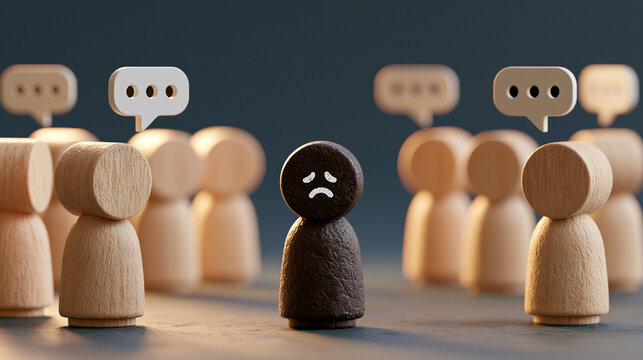 Social Exclusion Concept with Black Figure Among Talking Crowd