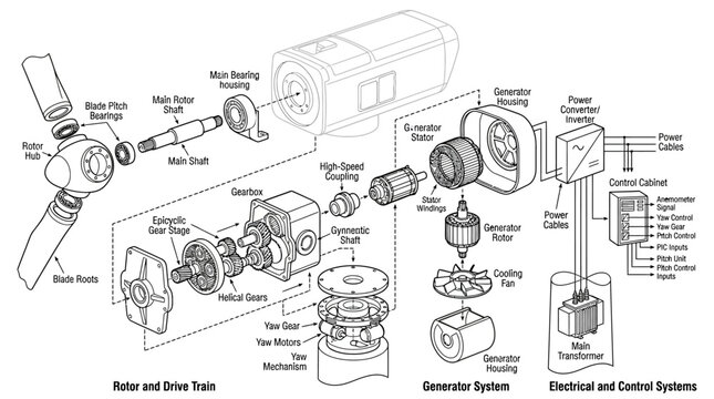Detailed illustration of a mechanical device showcasing various components including rotor and drive train, generator system, and electrical and control systems.