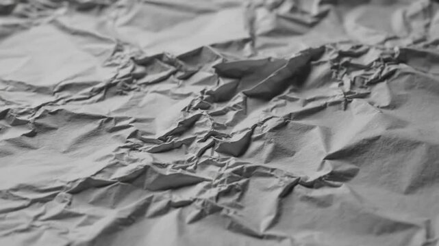 Close up view of wrinkled gray paper being manipulated by a person's hand with detailed textures
