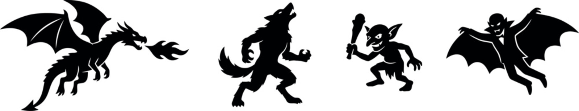 Halloween day creatures dragon werewolf vampire and demon silhouettes