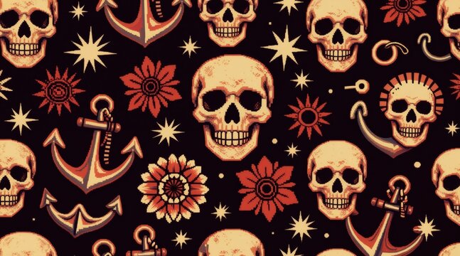 Pixel art seamless pattern with skulls, anchors, stars, and flowers. Nautical and vintage tattoo style with bold colors. Retro maritime theme repeats for fabric or wallpaper.