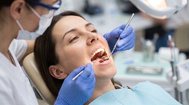 Close up of doctor hands wearing surgical gloves holding a dental mirror and dental examination tools on a female patient.