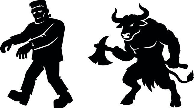 Adult Man Dressed as Frankenstein for Halloween on a Green Banner with Space for Copy. Halloween day monster silhouettes frankenstein and minotaur vector illustration