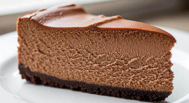 Rich chocolate cheesecake slice with creamy texture on a white plate during soft daylight