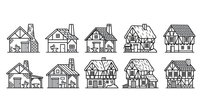 Medieval Blacksmith Houses Collection - Outline Vector Set