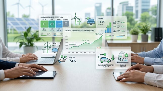 Business team meeting discussing renewable energy portfolio with solar and wind power charts, global green energy index graphs and emissions reduction targets on office table