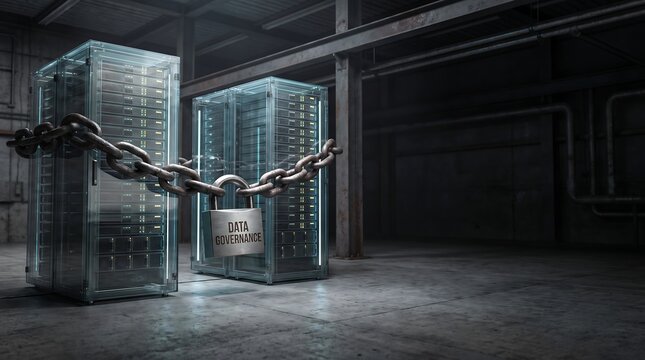 Two secured server towers locked with a heavy iron chain inside a dimly lit industrial storage room.