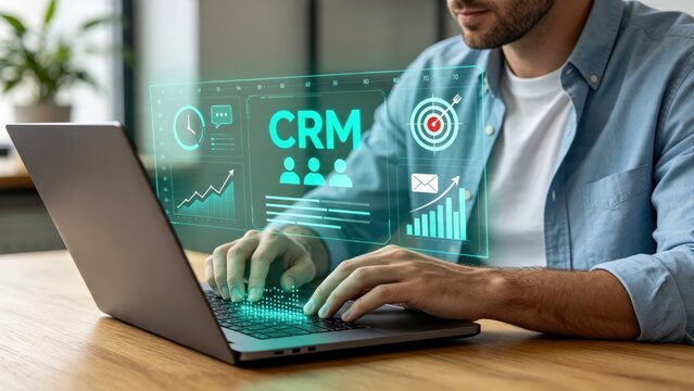 Man using laptop with CRM software interface, customer relationship management system for sales and business communication, digital technology concept