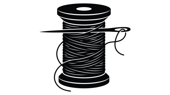 thread spool with needle silhouette sewing fabric craft textile black white contrast