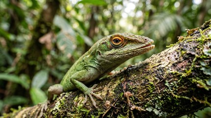 Fototapeta premium Green Anole Lizard Perched on Mossy Branch in Lush Rainforest
