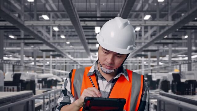 Close Up Of Asian Male Engineer With Safety Helmet Taking Note On The Tablet And Looking Around While Standing at Solar Panel Manufacturing Factory with Automated Robotic Assembly Line