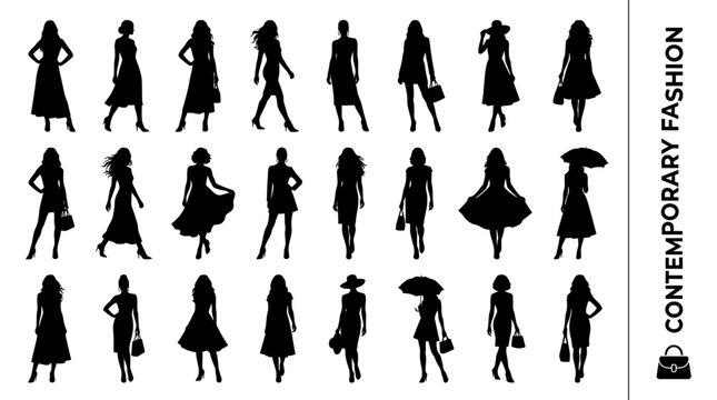 Collection of Elegant Contemporary Fashion Women Silhouettes in Various Poses and Outfits for Design