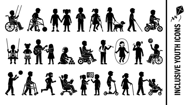 Diverse and inclusive children and youth silhouette icons depicting kids with disabilities, wheelchairs, crutches, and playing