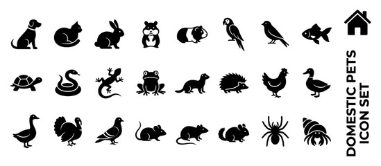 Fototapeta premium Comprehensive Set of Domestic Pets Silhouette Icons Featuring Diverse Animal Species for Veterinary and Educational Graphic Design Projects