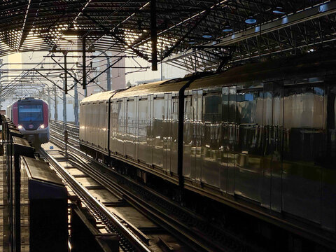 Shanghai, China - November 25, 2025: Two Trains at Shanghai Railway Station Platform