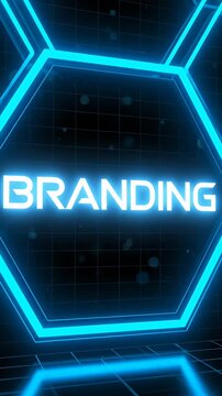 Blue neon hexagonal shapes with branding text overlay.