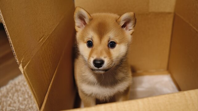 Adorable shiba inu puppy sitting inside a plain cardboard box looking at the camera lens