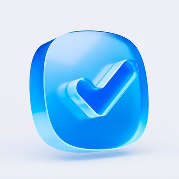 3D checkmark icon isolated on white background, concept of approval success verification. Transparent Liquid Glass icon. 3D rendering.